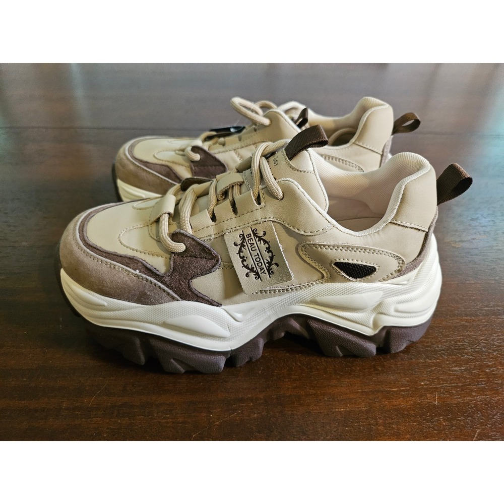 Beau Today Platform Sneakers Womens Size 5 Beige Brown Chunky Dad Shoes New